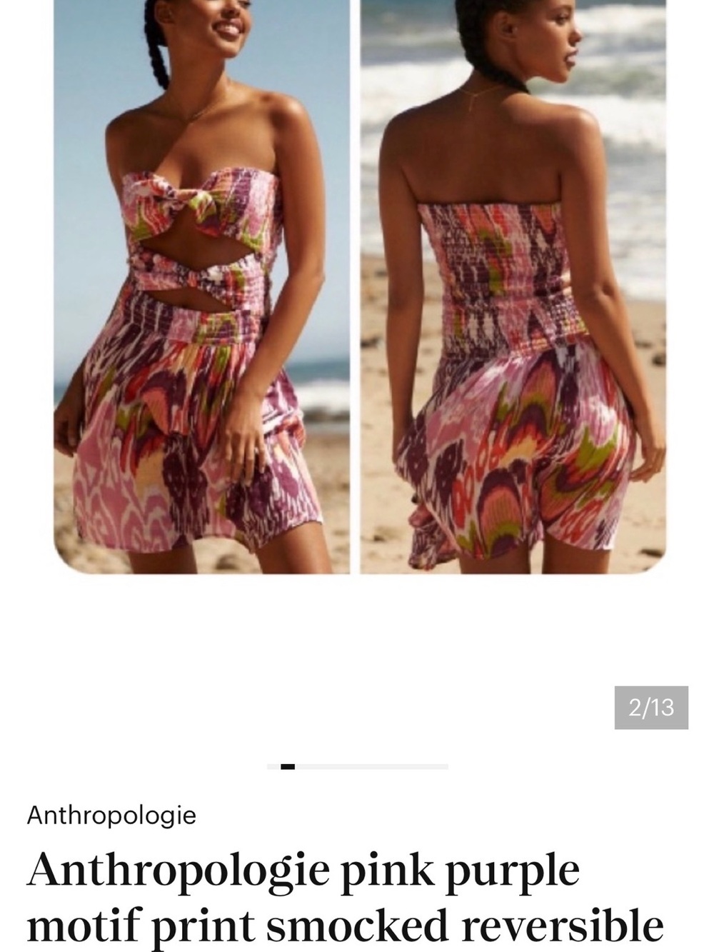Anthropologie Pink & Purple Strapless Smocked Cutout Dress